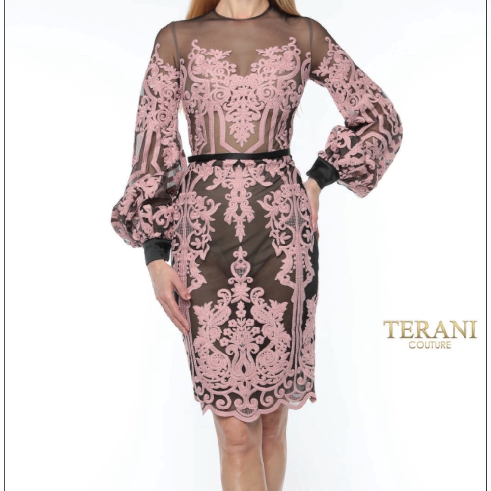 Dress Black Blush Lace Sheath Short Sleeve